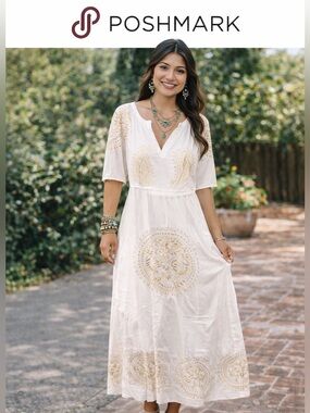 White Gold  Mandala Embroidered Cotton Handmade Maxi Dress In Size Large XL NWT